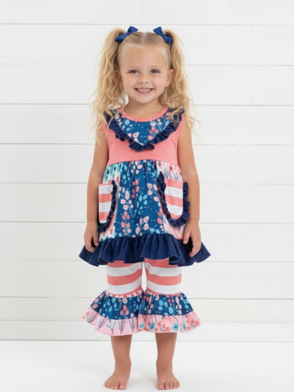 Boutique Coral & Blue Sleeveless Ruffle Outfit, Girl's, Capri, Set